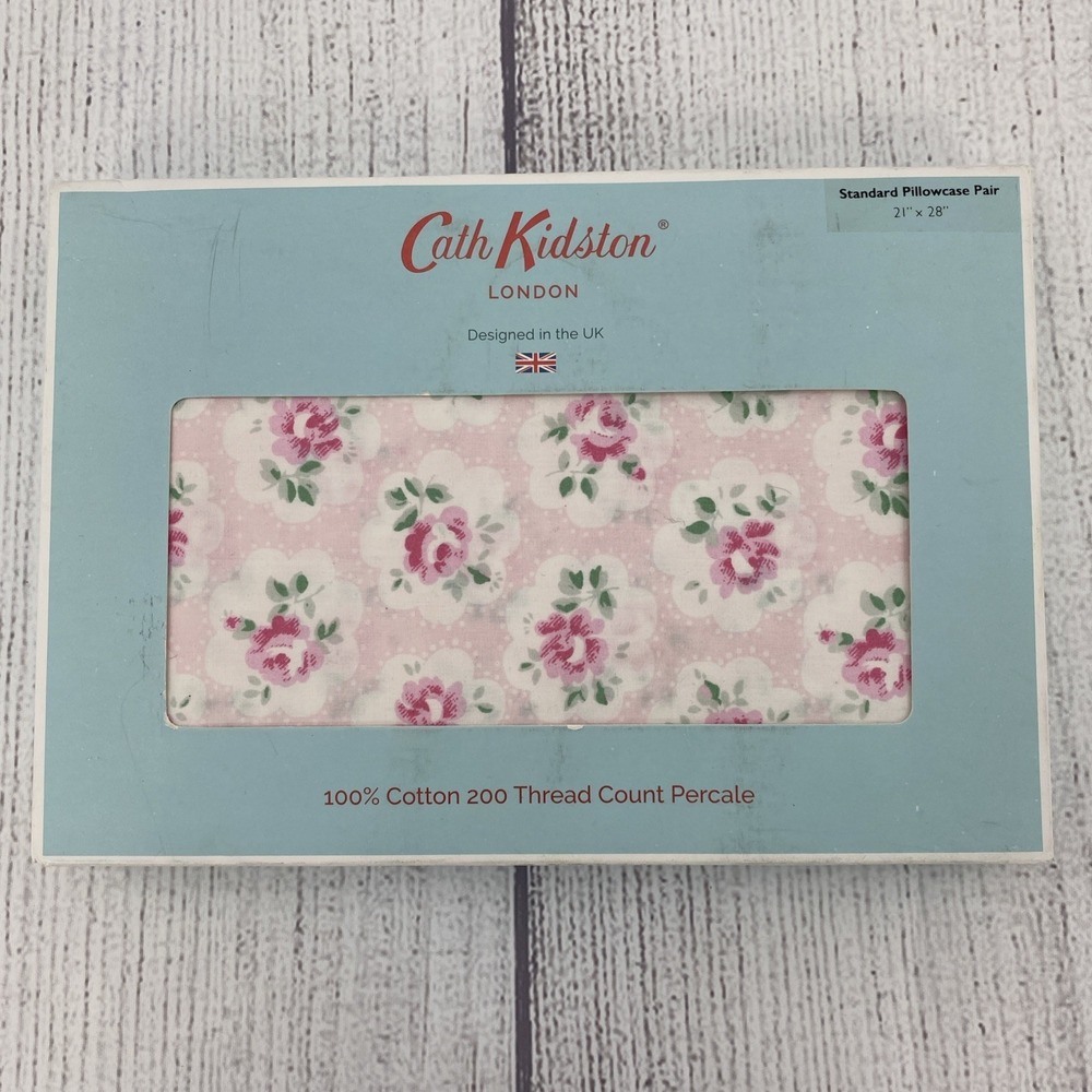 Cath Kidston London Standard Pillowcase Pair Lace Hearts Pink 100% Cotton